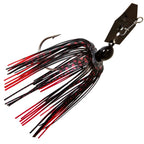 Original ChatterBait fishing lure with black head, black-and-red striped skirt, dark spinner blade.