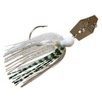 Original ChatterBait fishing lure with white head and white/green-black skirt, gold spinner blade.