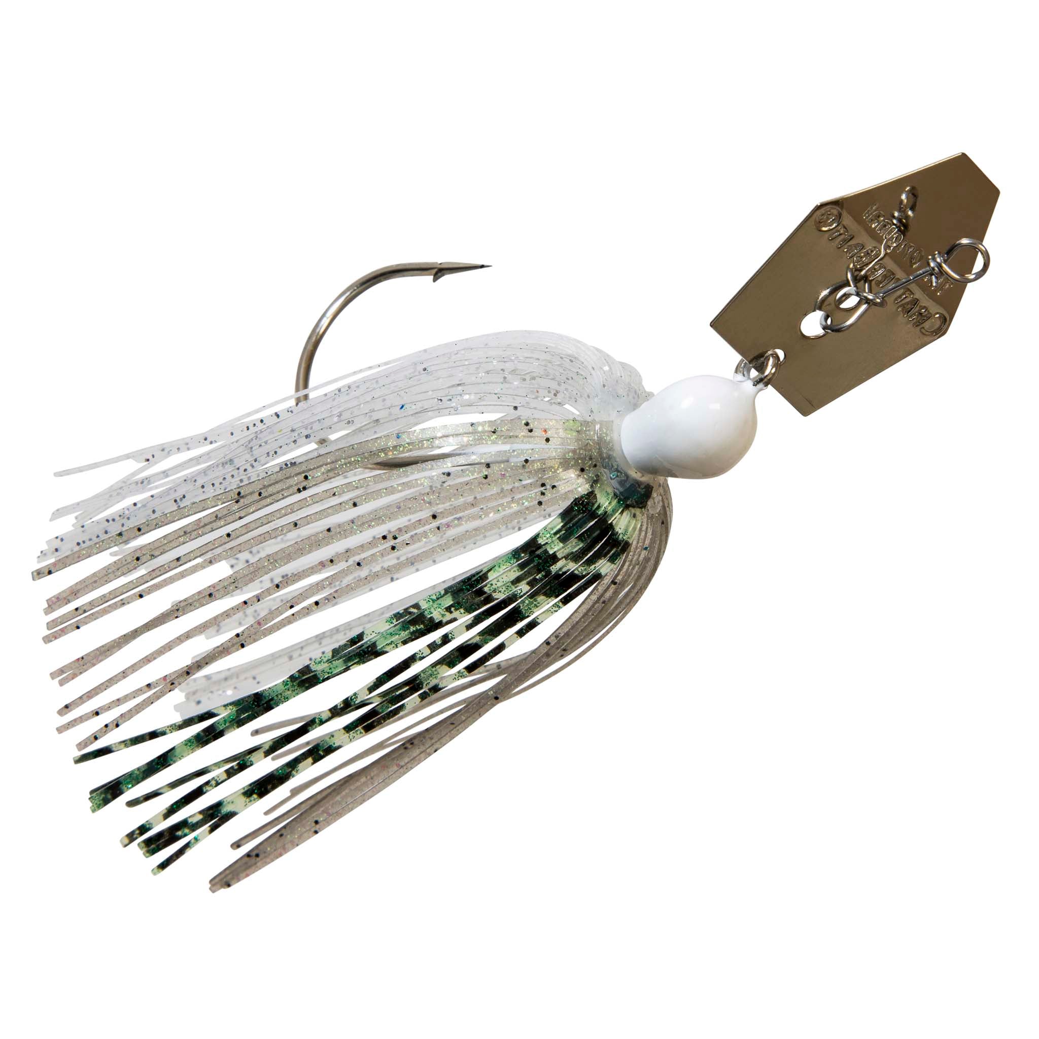 Original ChatterBait fishing lure with white head and white/green-black skirt, gold spinner blade.