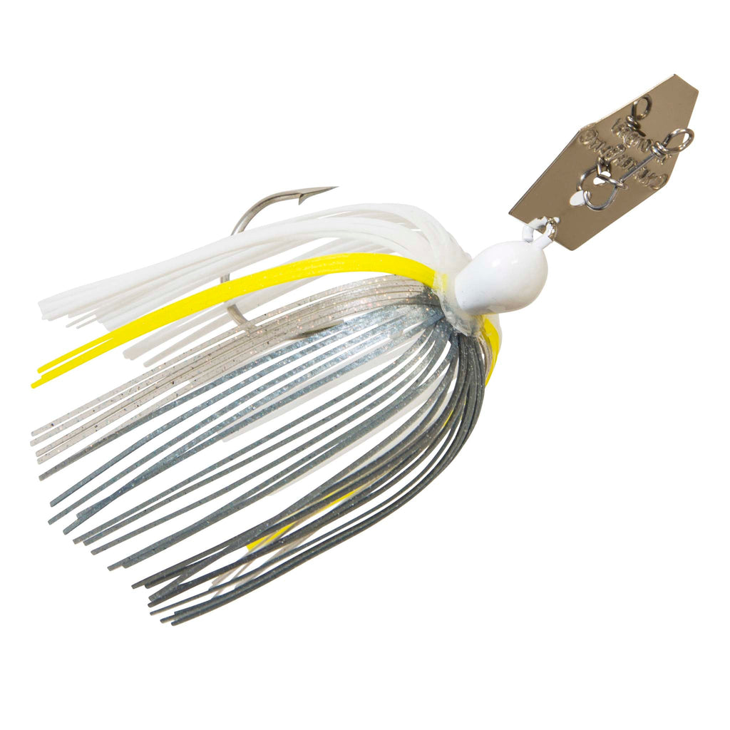 Original ChatterBait fishing lure with white head, white-and-silver skirt with yellow accents, gold blade.