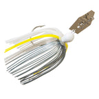 Original ChatterBait fishing lure with white head, white-and-silver skirt with yellow accents, gold blade.