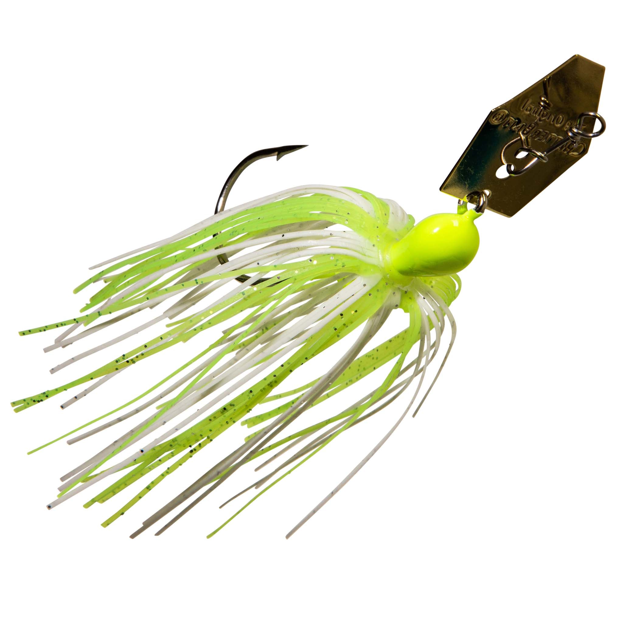 Original ChatterBait fishing lure with bright chartreuse skirt, neon green head, dark spinner blade.