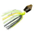 ChatterBait lure with chartreuse-green skirt, yellow-green head, gold metal blade.