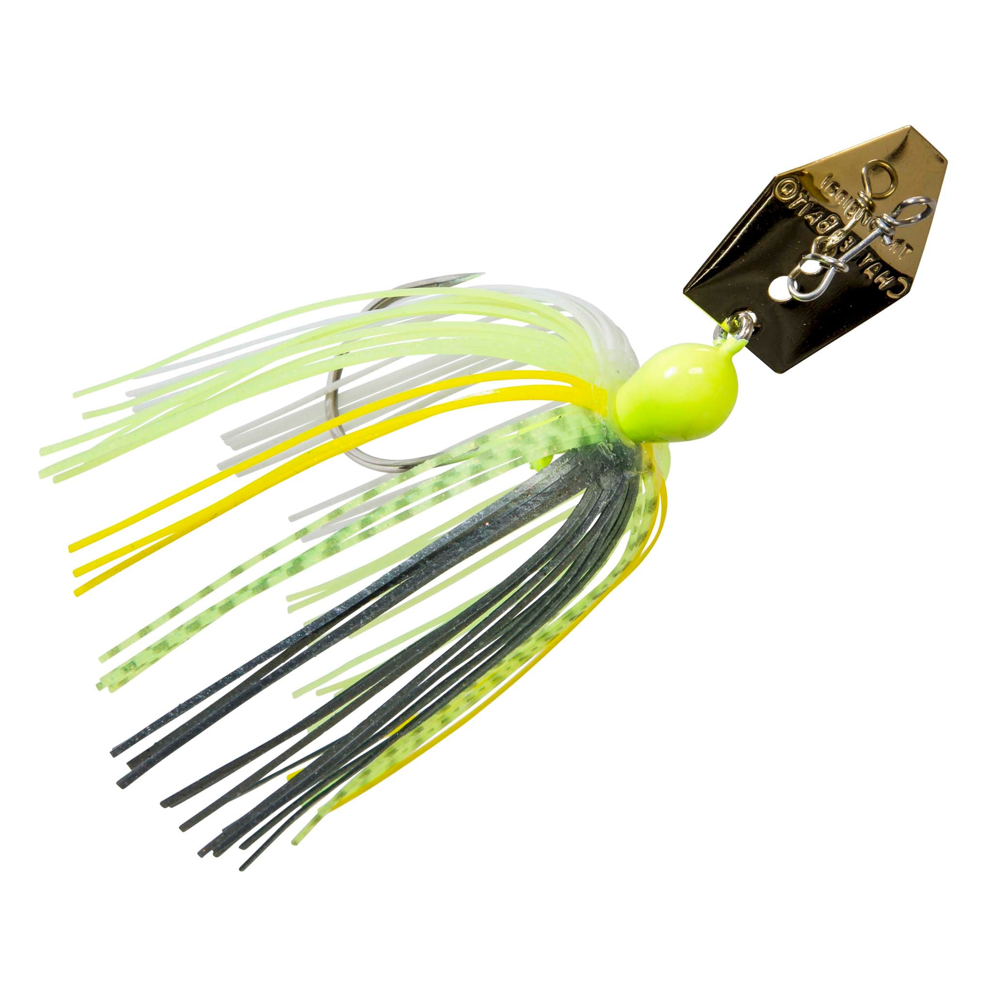 ChatterBait lure with chartreuse-green skirt, yellow-green head, gold metal blade.