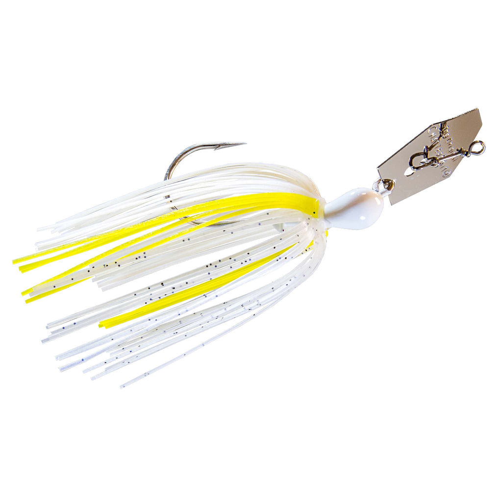 Original ChatterBait fishing lure with white skirt and yellow stripe, clear glitter, silver spinner blade.