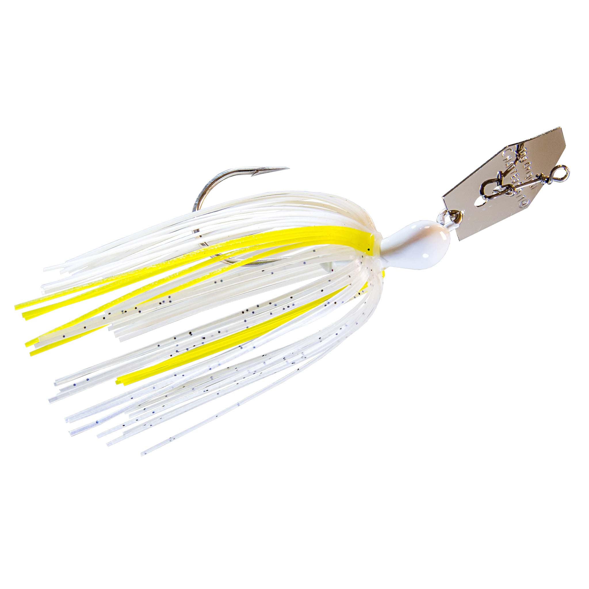 Original ChatterBait fishing lure with white skirt and yellow stripe, clear glitter, silver spinner blade.
