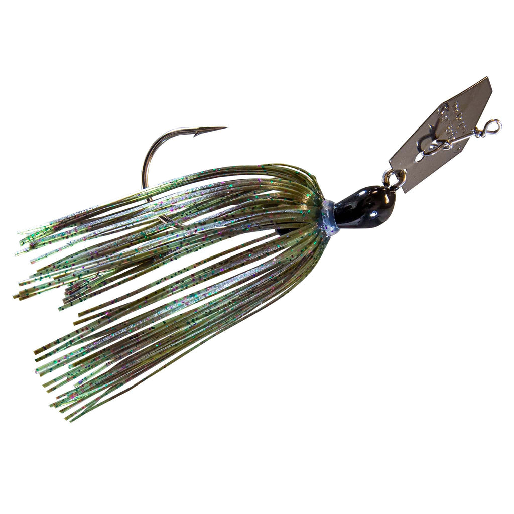 Original ChatterBait fishing lure with blue-black head, green/black multicolor skirt, silver spinner blade.