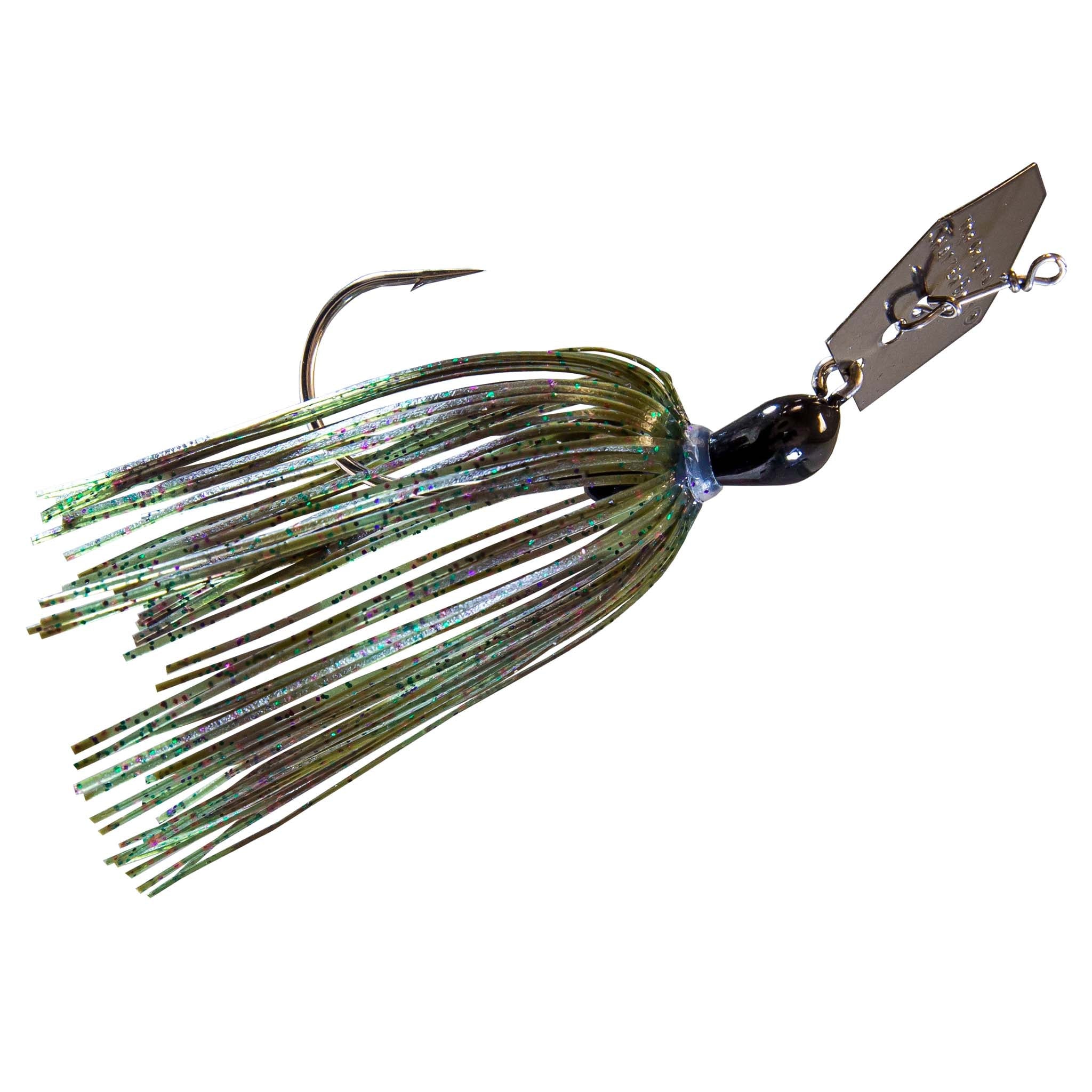 Original ChatterBait fishing lure with blue-black head, green/black multicolor skirt, silver spinner blade.