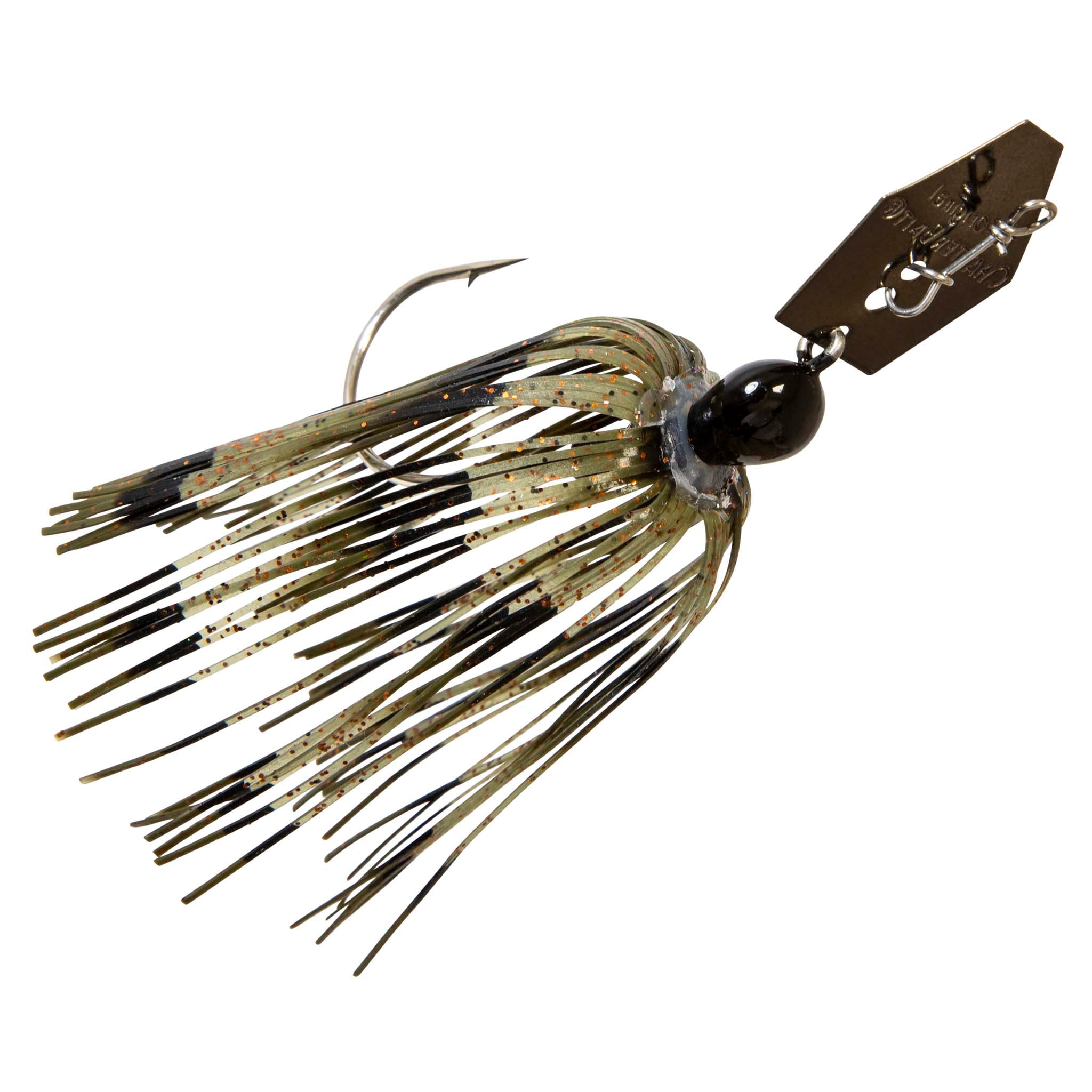 Original ChatterBait fishing lure with dark head, black-and-green shimmery skirt, gold spinner blade.