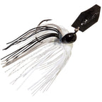 Black head chatterbait lure with white skirt and silver strands, black double hook blade
