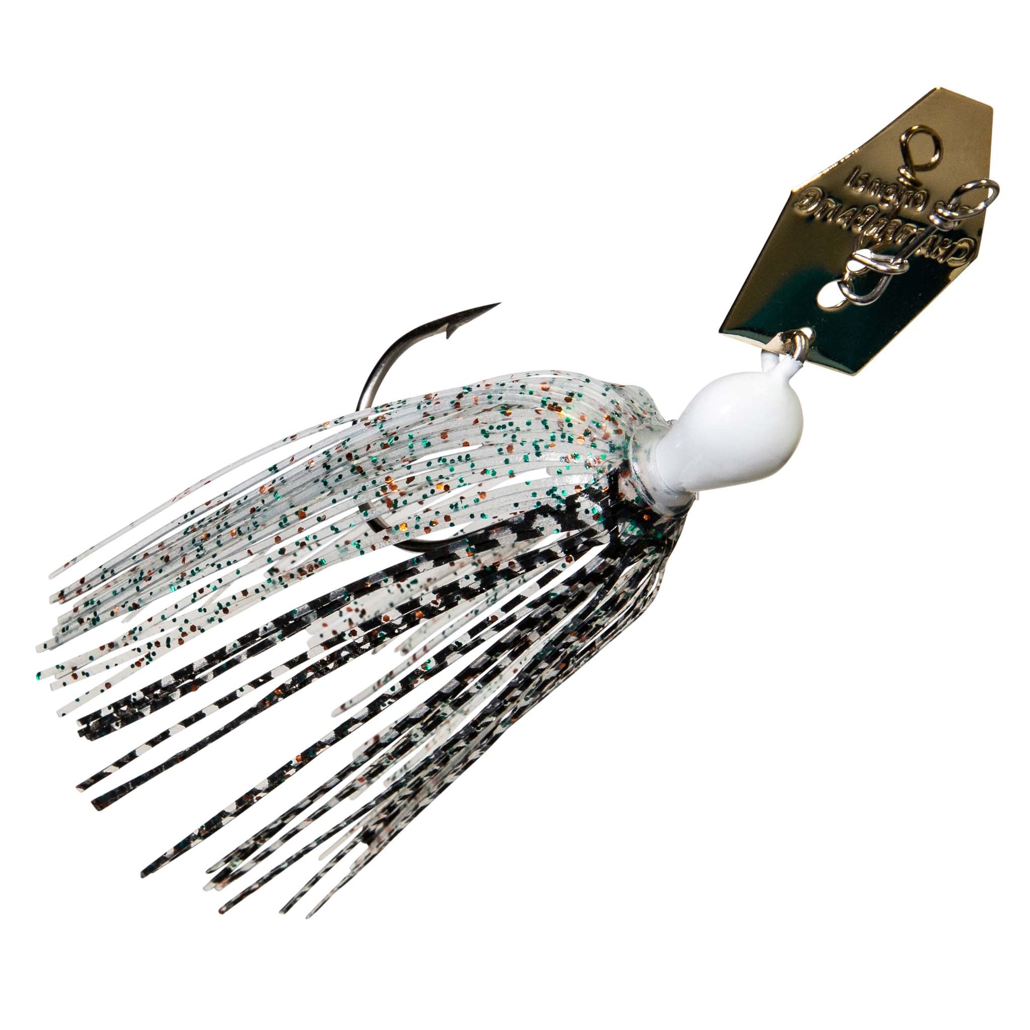 Black-and-white chatterbait lure with white skirt and speckled strands, gold blade
