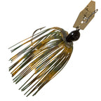Green chatterbait lure with olive-gold skirt, black head, gold blade