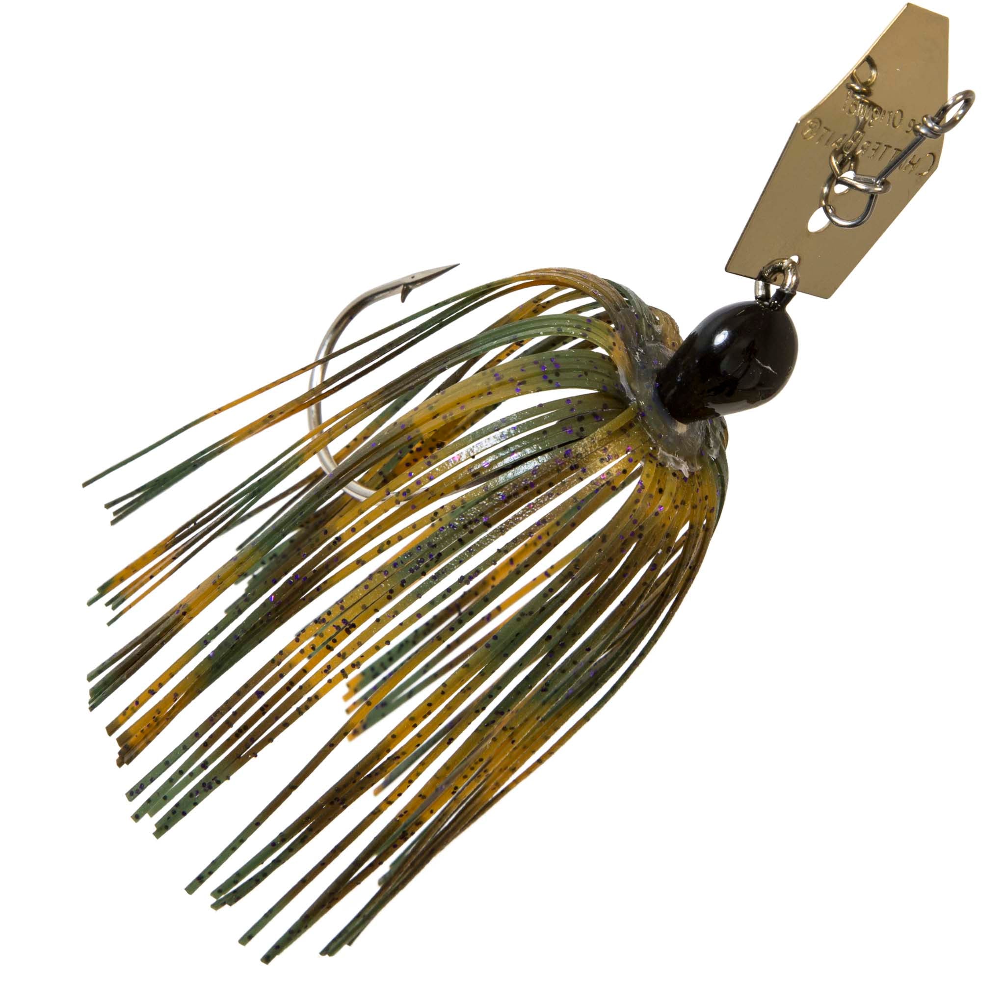 Green chatterbait lure with olive-gold skirt, black head, gold blade