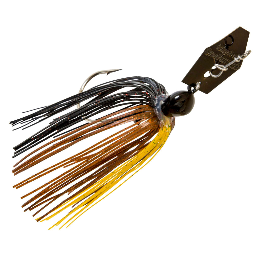 Orange-and-brown chatterbait lure with black head, orange skirt strands, black blade