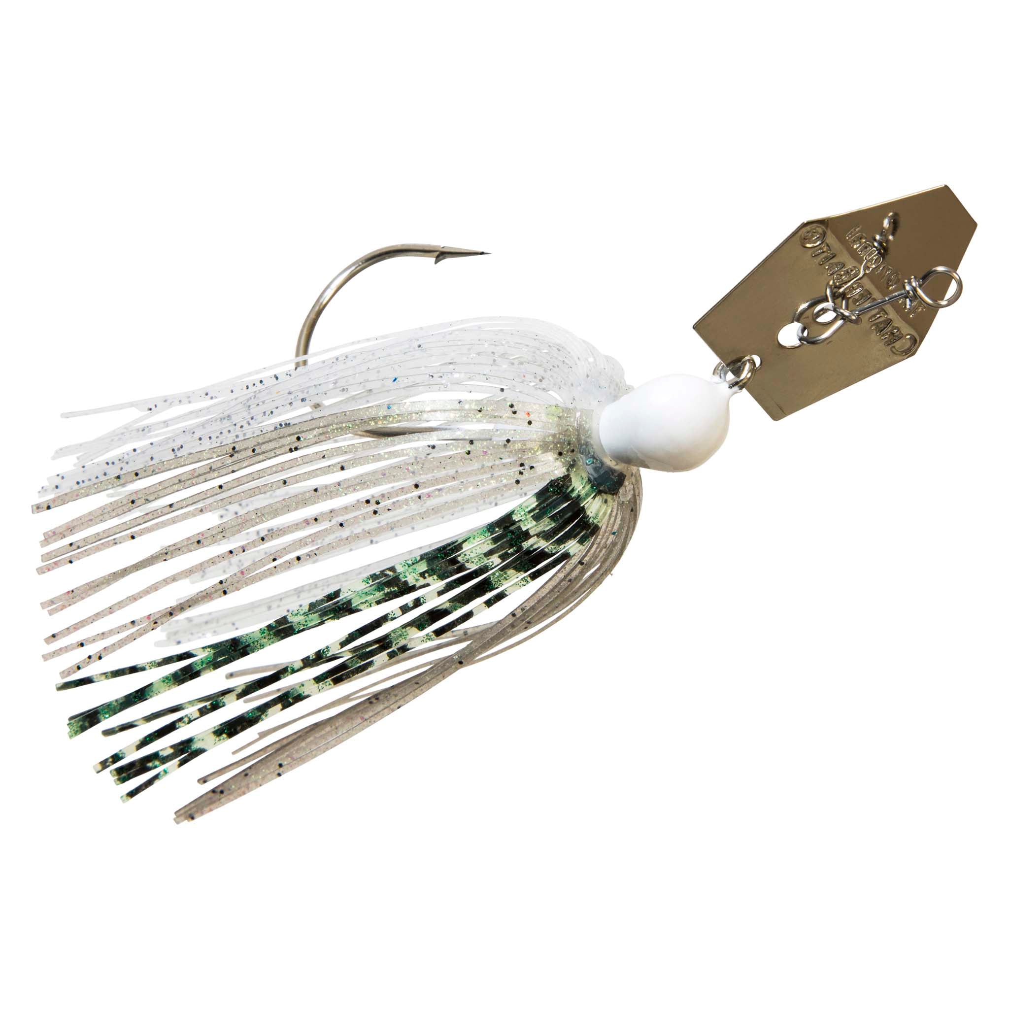 White chatterbait lure with green-silver speckled skirt, white head, gold blade