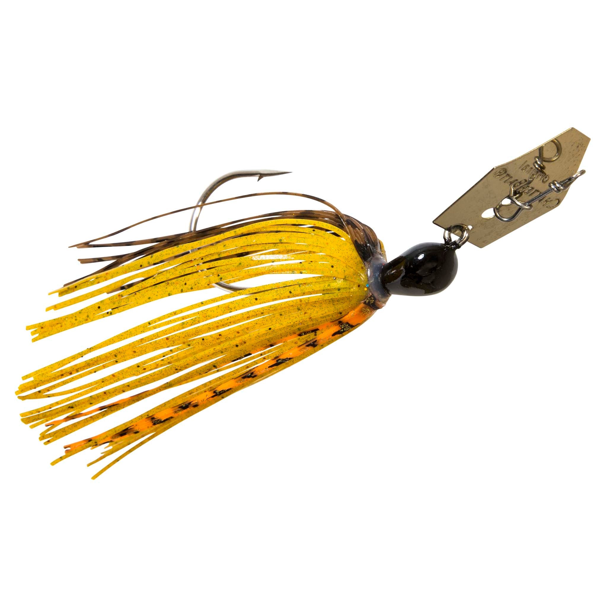 Yellow chatterbait lure with black head and golden skirt, gold blade
