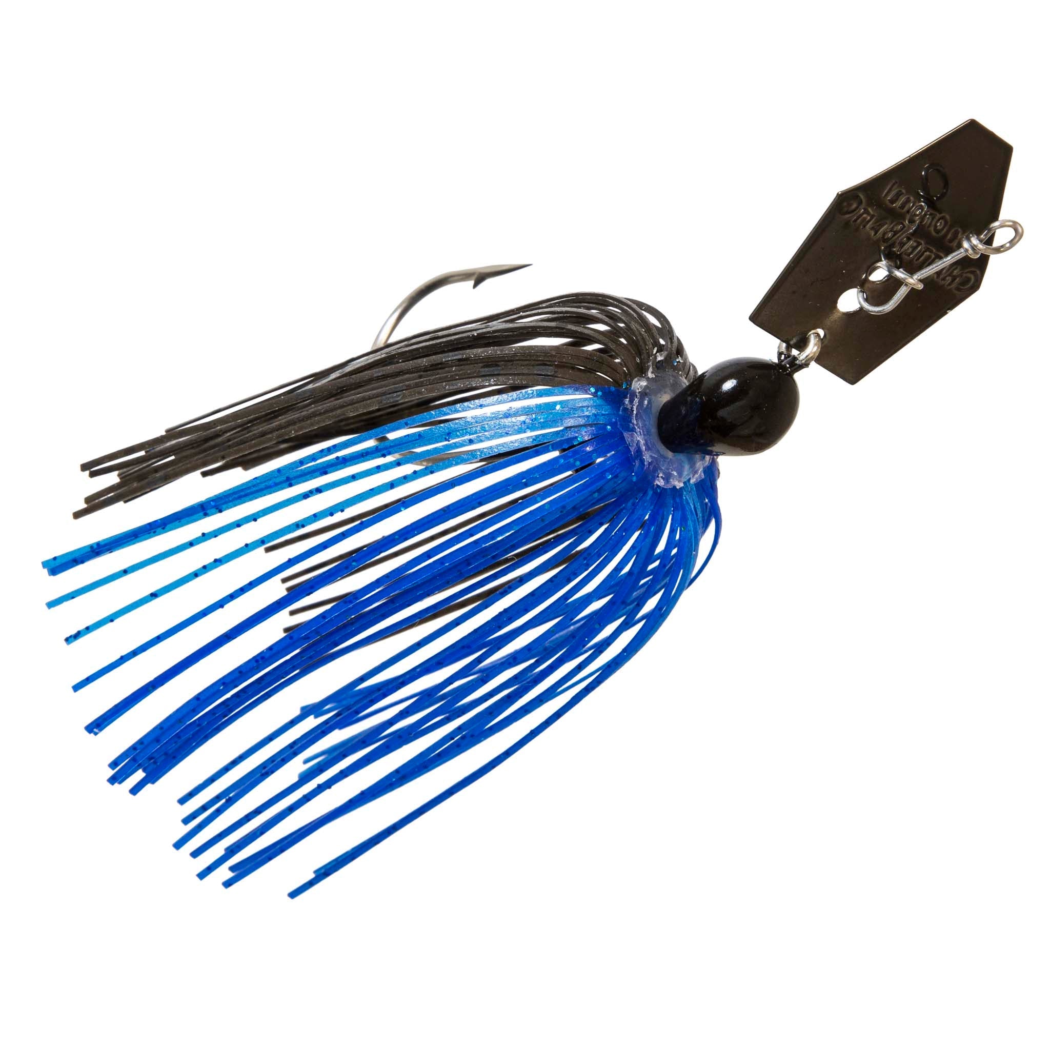 Blue chatterbait lure with black head, bright blue skirt strands, black blade