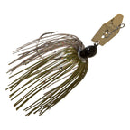 Green chatterbait lure with olive-gold skirt, black head, gold blade