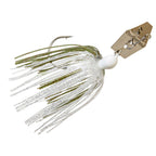 White chatterbait lure with green-gold speckled skirt, white head, gold blade