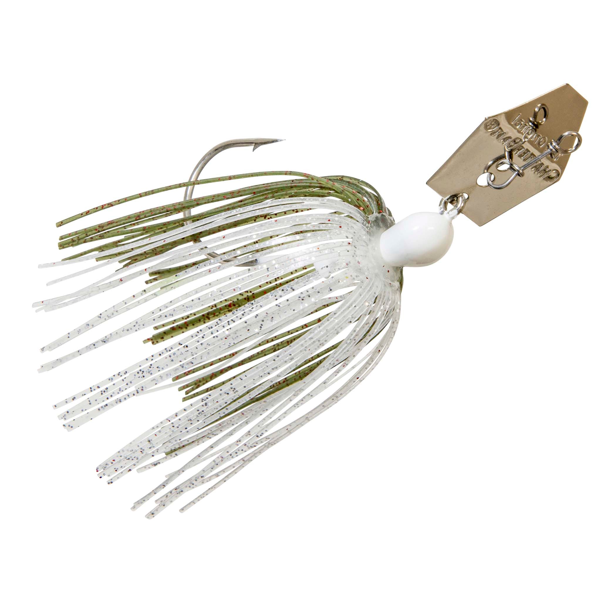 White chatterbait lure with green-gold speckled skirt, white head, gold blade
