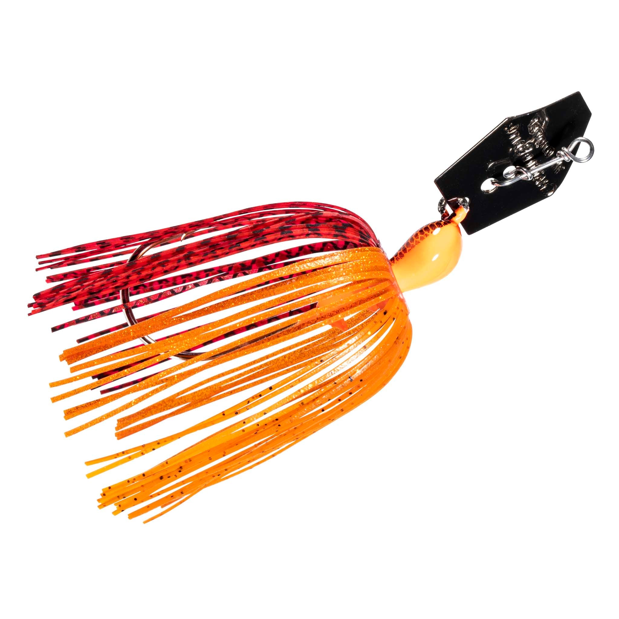 Orange-and-red chatterbait lure with yellow head and orange skirt, black blade
