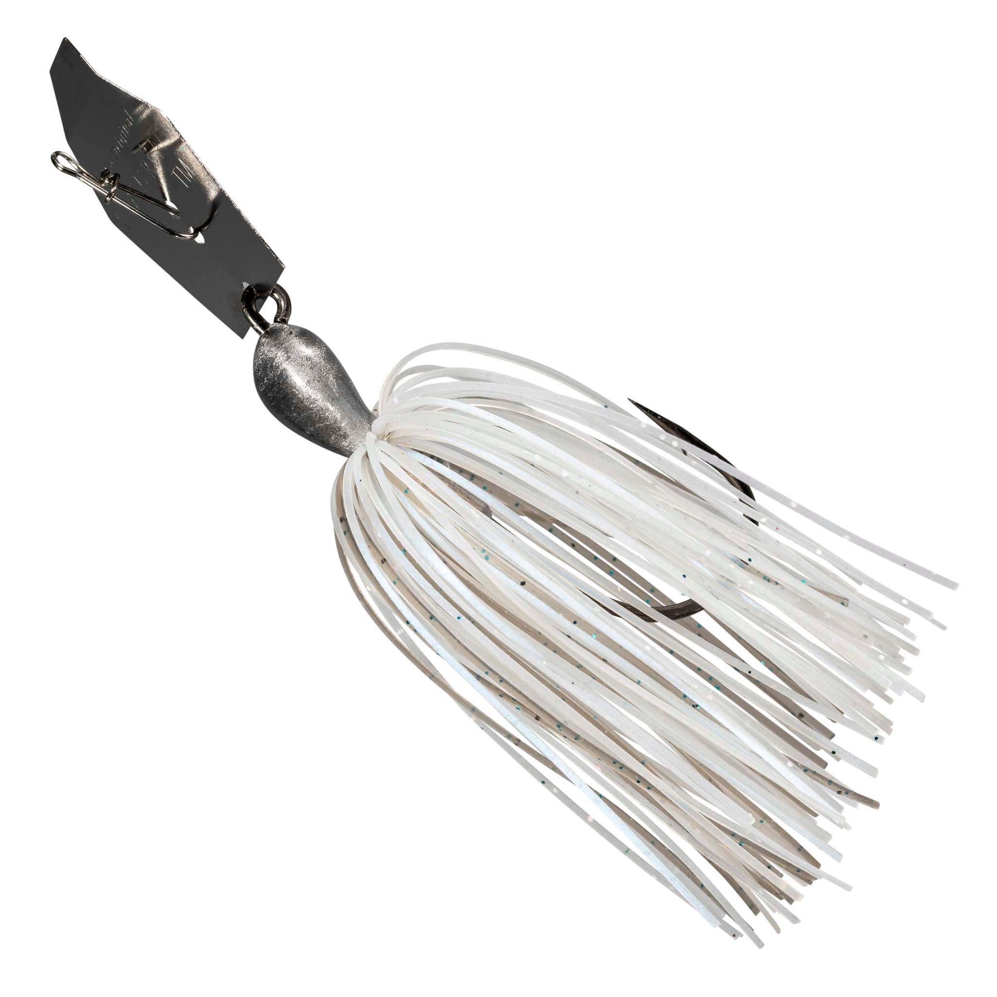 Chatterbait fishing lure with black blade, silver-gray head, and white skirt strands