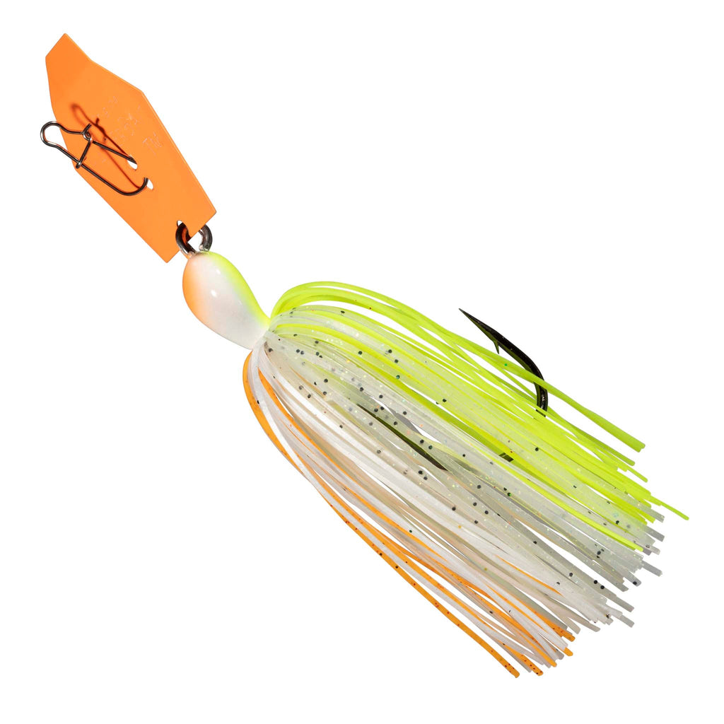 Chatterbait fishing lure with orange blade, white skirt, and neon chartreuse-green tips