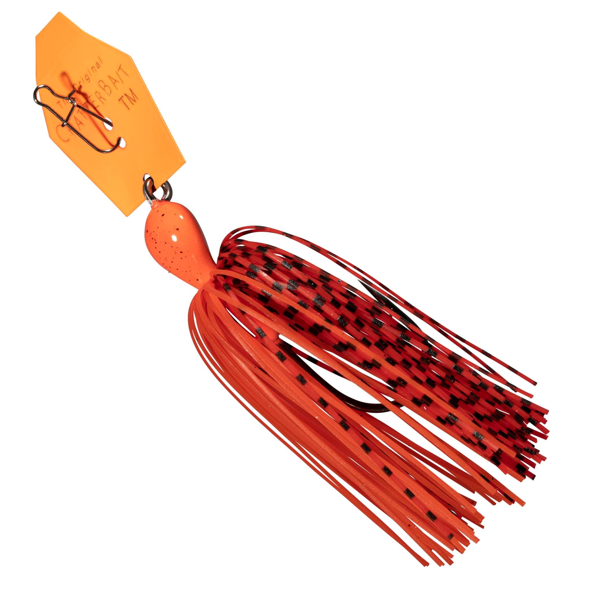 Chatterbait fishing lure with orange blade, red-orange head, and red tinsel skirt