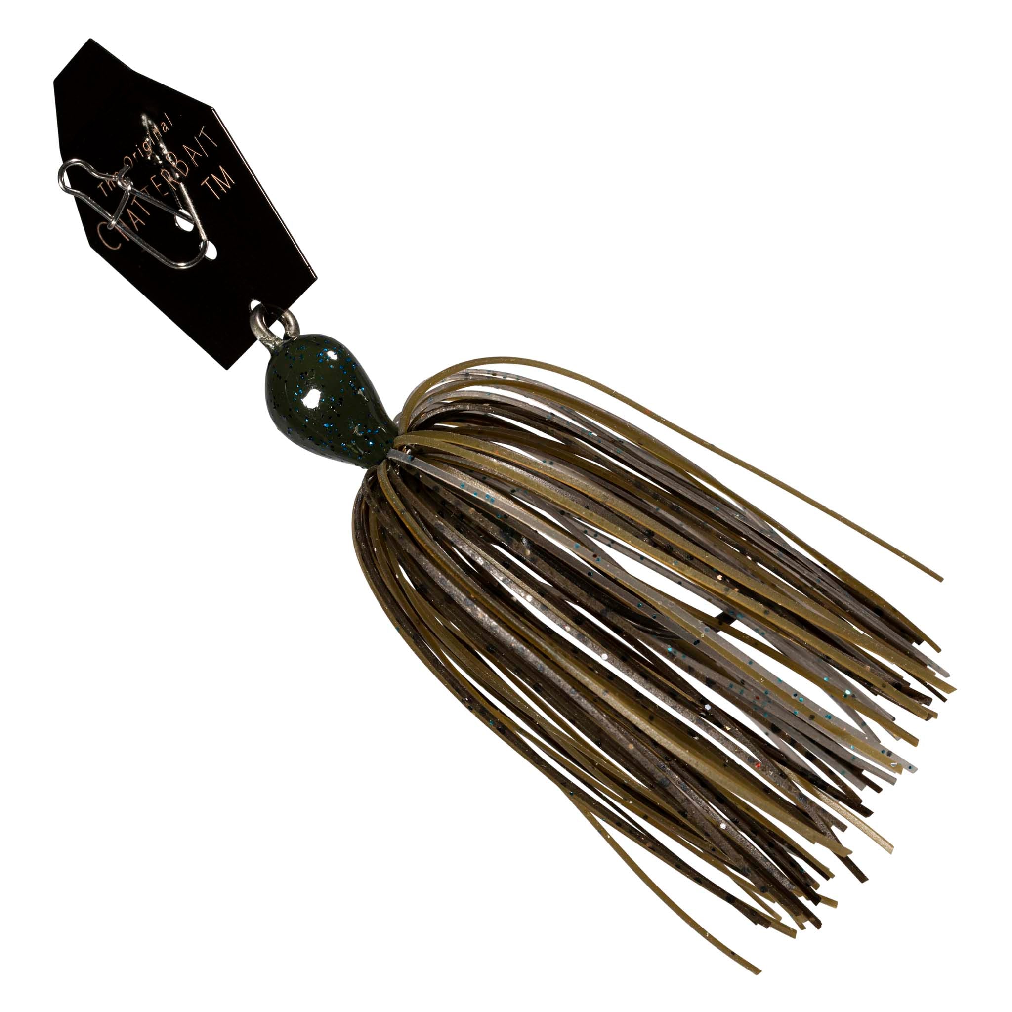 Chatterbait lure with dark green speckled head and brown olive skirt strands