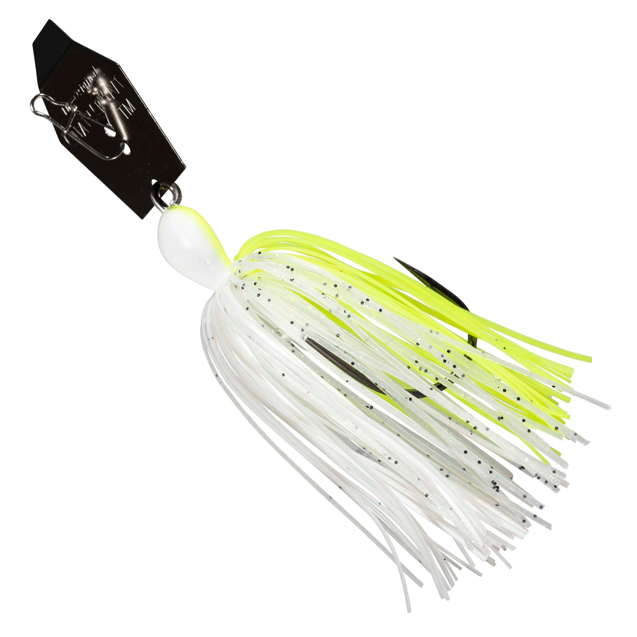 Chatterbait lure with white skirt and chartreuse-yellow top strands, bright blade