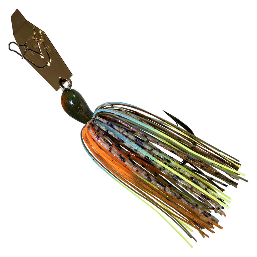 Chatterbait lure with dark bronze head and multicolor skirt in orange, blue, green