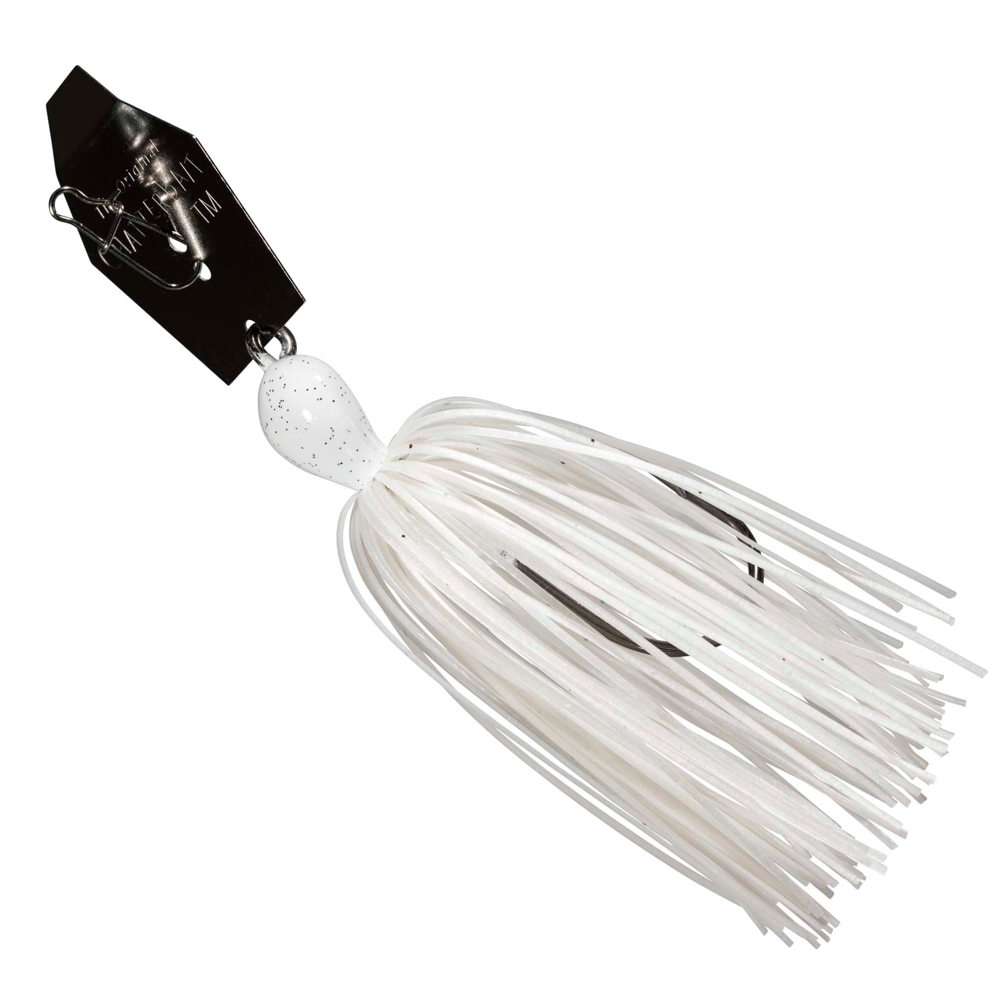 Chatterbait lure with white skirt and light speckled head, black blade bracket
