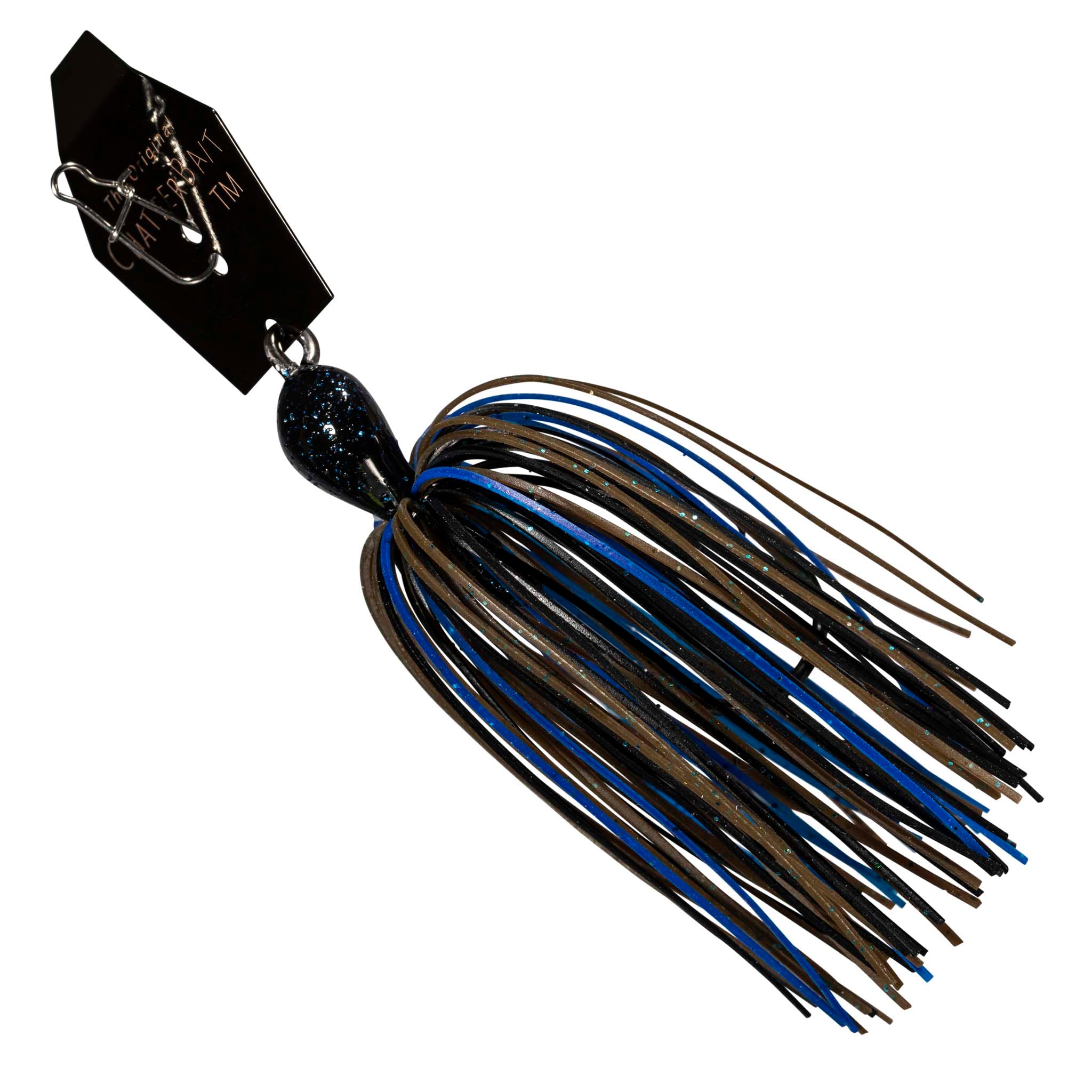 Chatterbait lure with black skirt strands and bold blue striping on blade