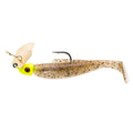 Chartreuse and silver speckled chatterbait fishing lure with white tail and gold blade