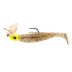Chartreuse and silver speckled chatterbait fishing lure with white tail and gold blade