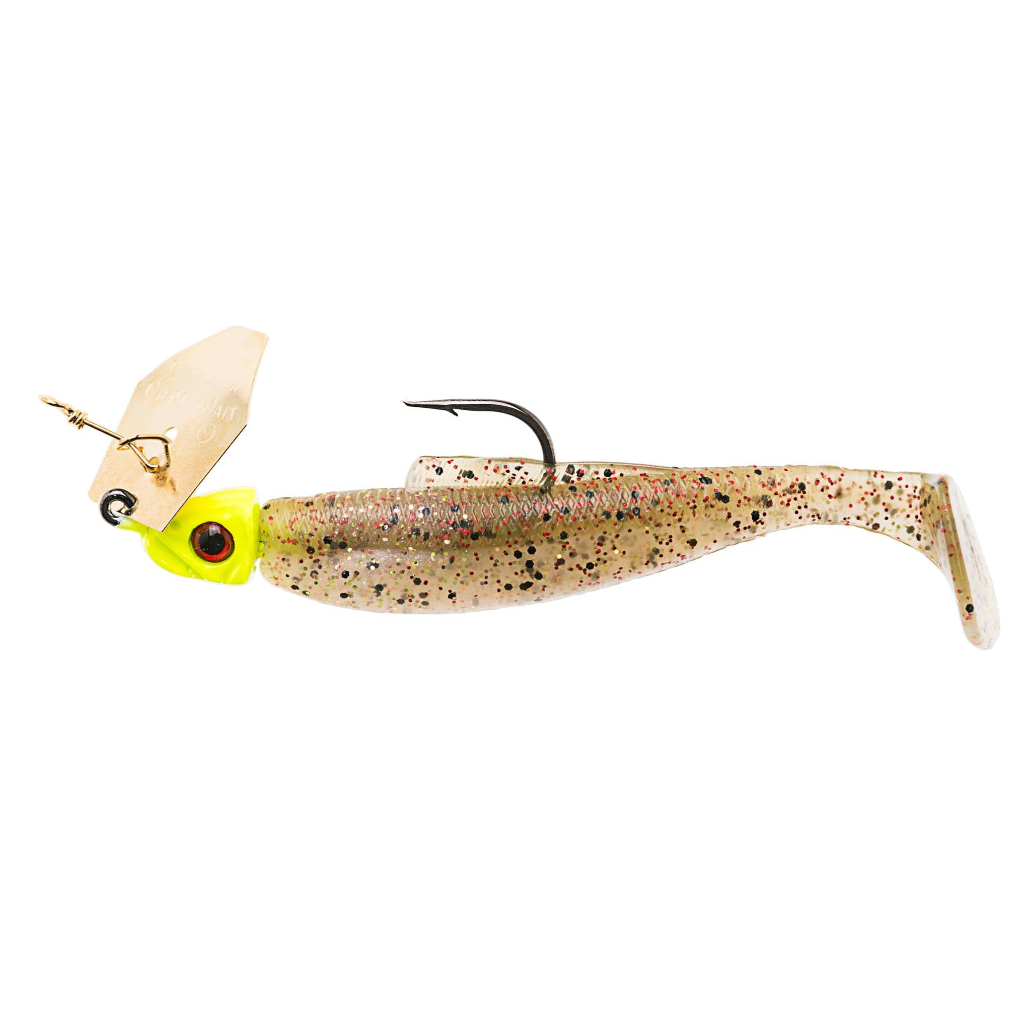 Chartreuse and silver speckled chatterbait fishing lure with white tail and gold blade