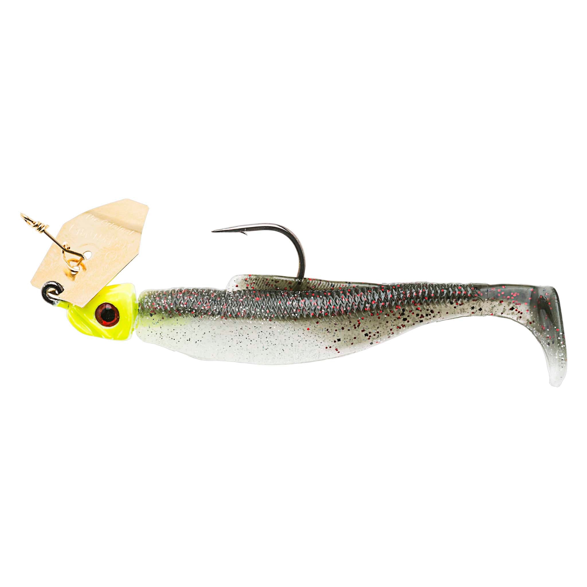 Silver-gray speckled chatterbait fishing lure with chartreuse head and white tail