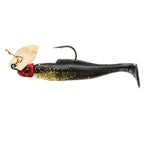 Black and gold speckled chatterbait fishing lure with red head and silver blade