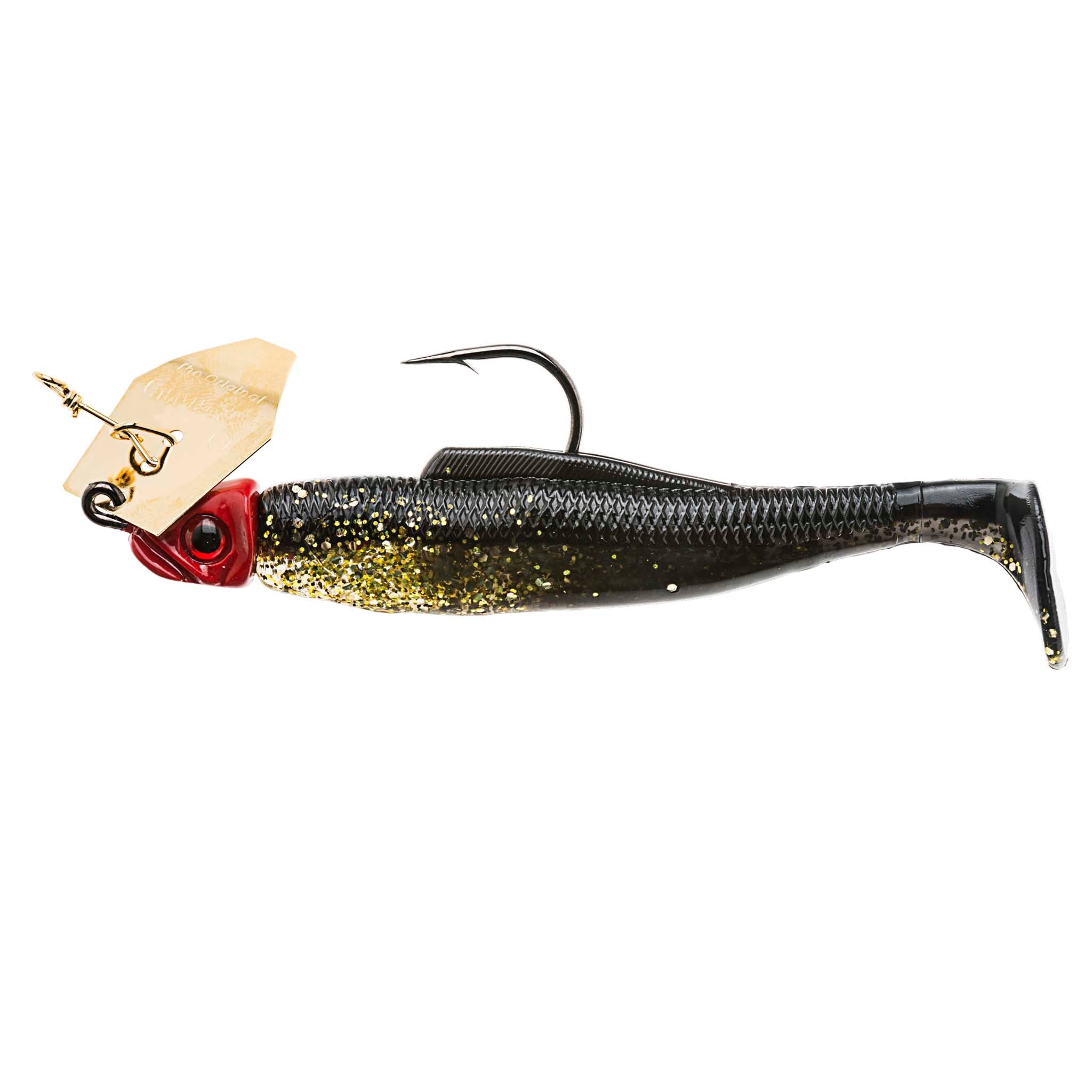 Black and gold speckled chatterbait fishing lure with red head and silver blade