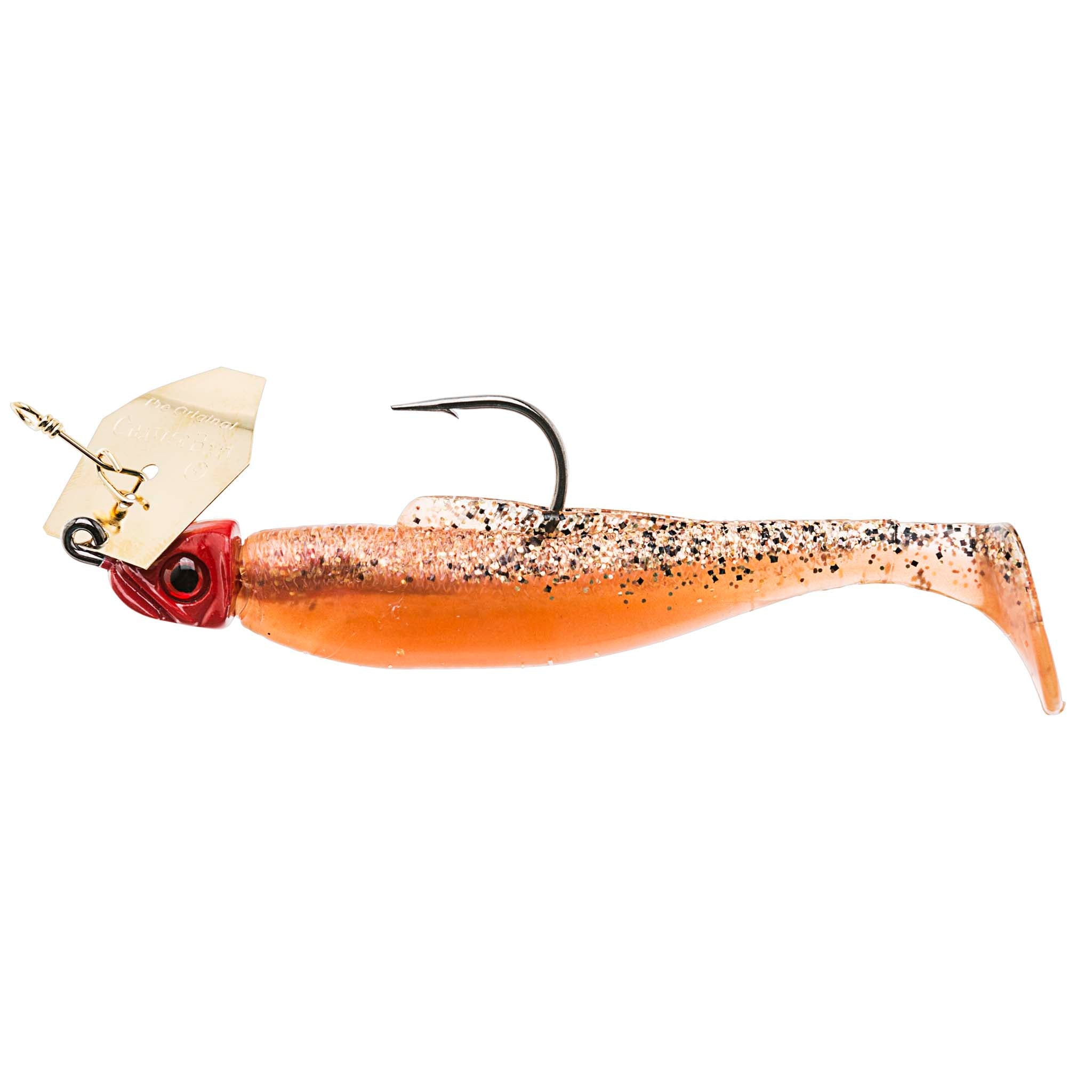 Orange and copper speckled chatterbait fishing lure with red head and soft plastic tail