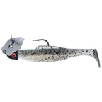 White and silver speckled chatterbait fishing lure with gray tail and red eye
