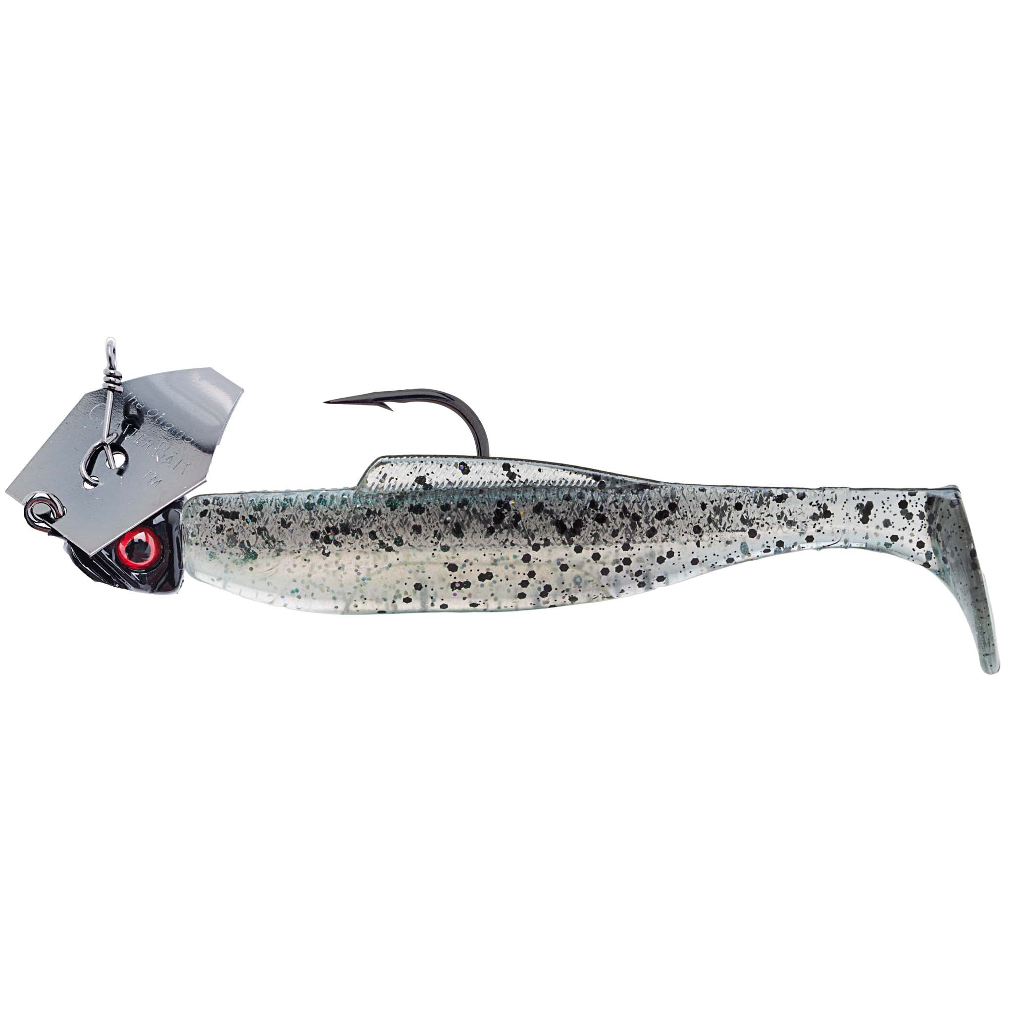 White and silver speckled chatterbait fishing lure with gray tail and red eye