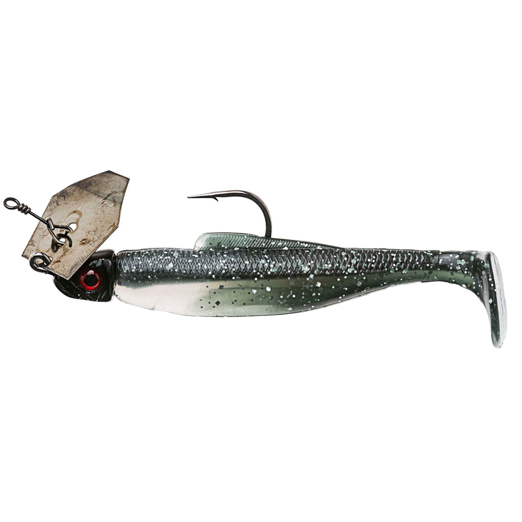 Dark green speckled chatterbait fishing lure with green-white soft plastic tail