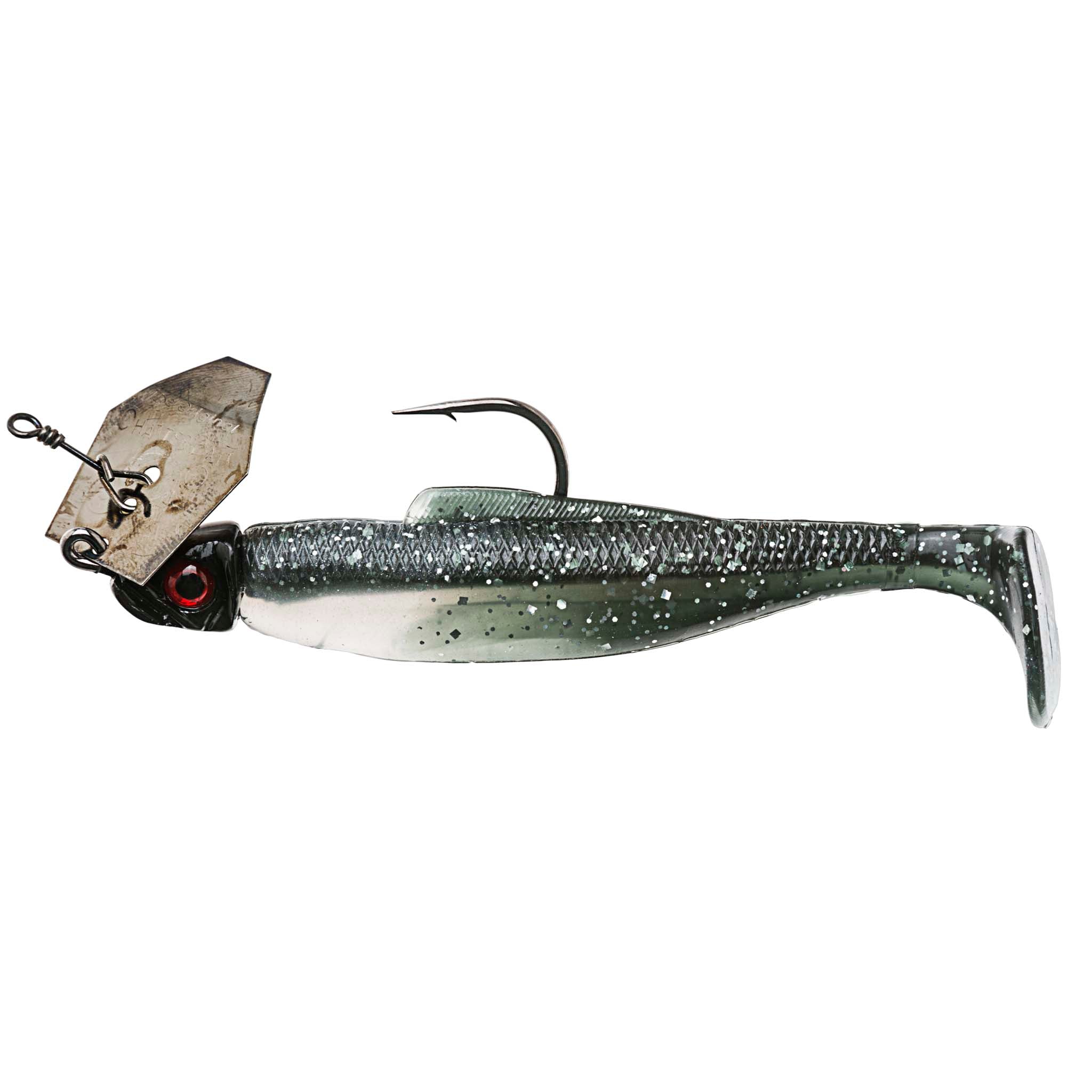 Dark green speckled chatterbait fishing lure with green-white soft plastic tail