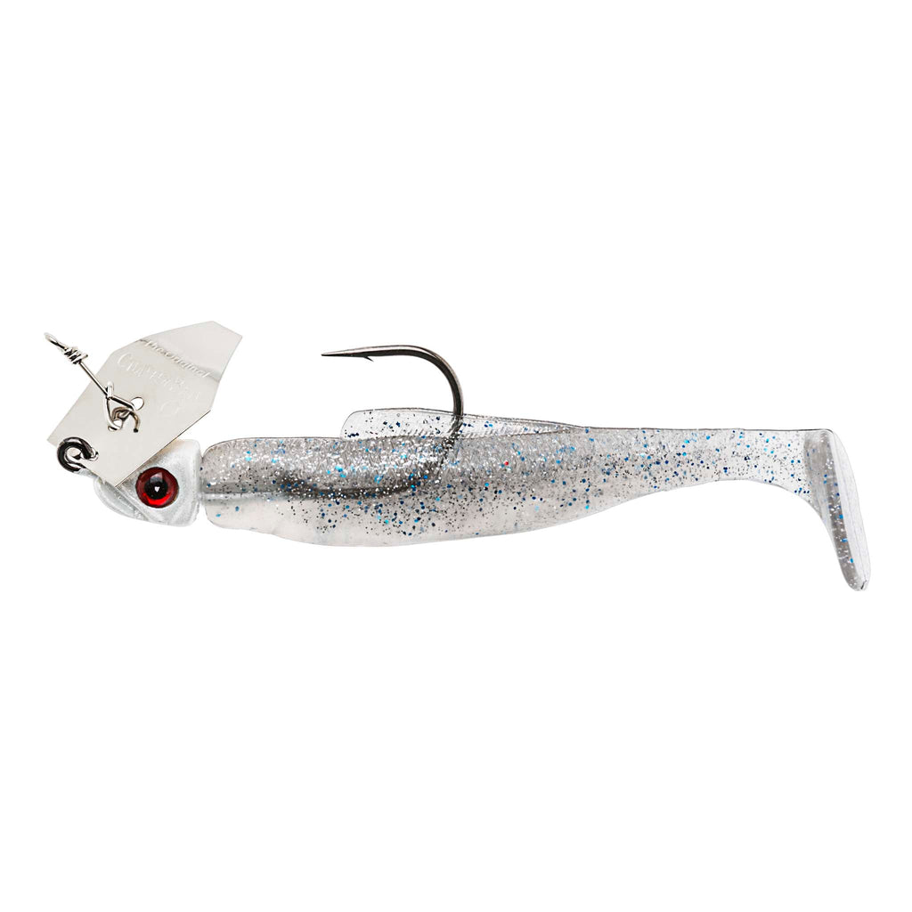 White with blue-speckled chatterbait fishing lure with red eye and silver blade