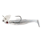 White with blue-speckled chatterbait fishing lure with red eye and silver blade