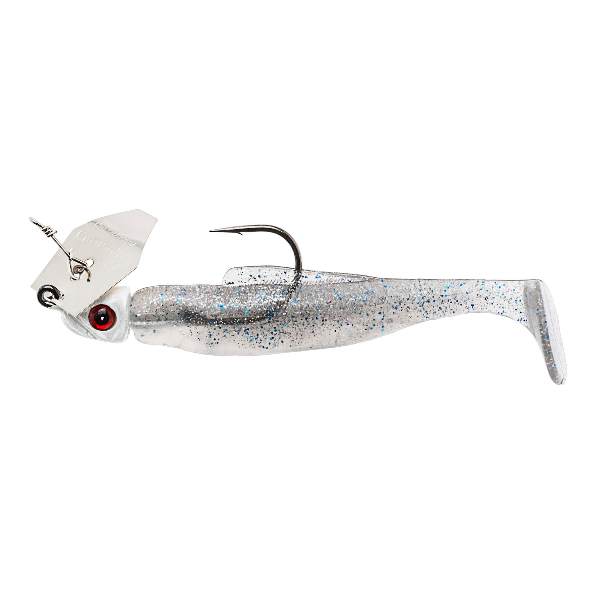 Pearl white chatterbait fishing lure with blue speckles, red eye, and curved hook