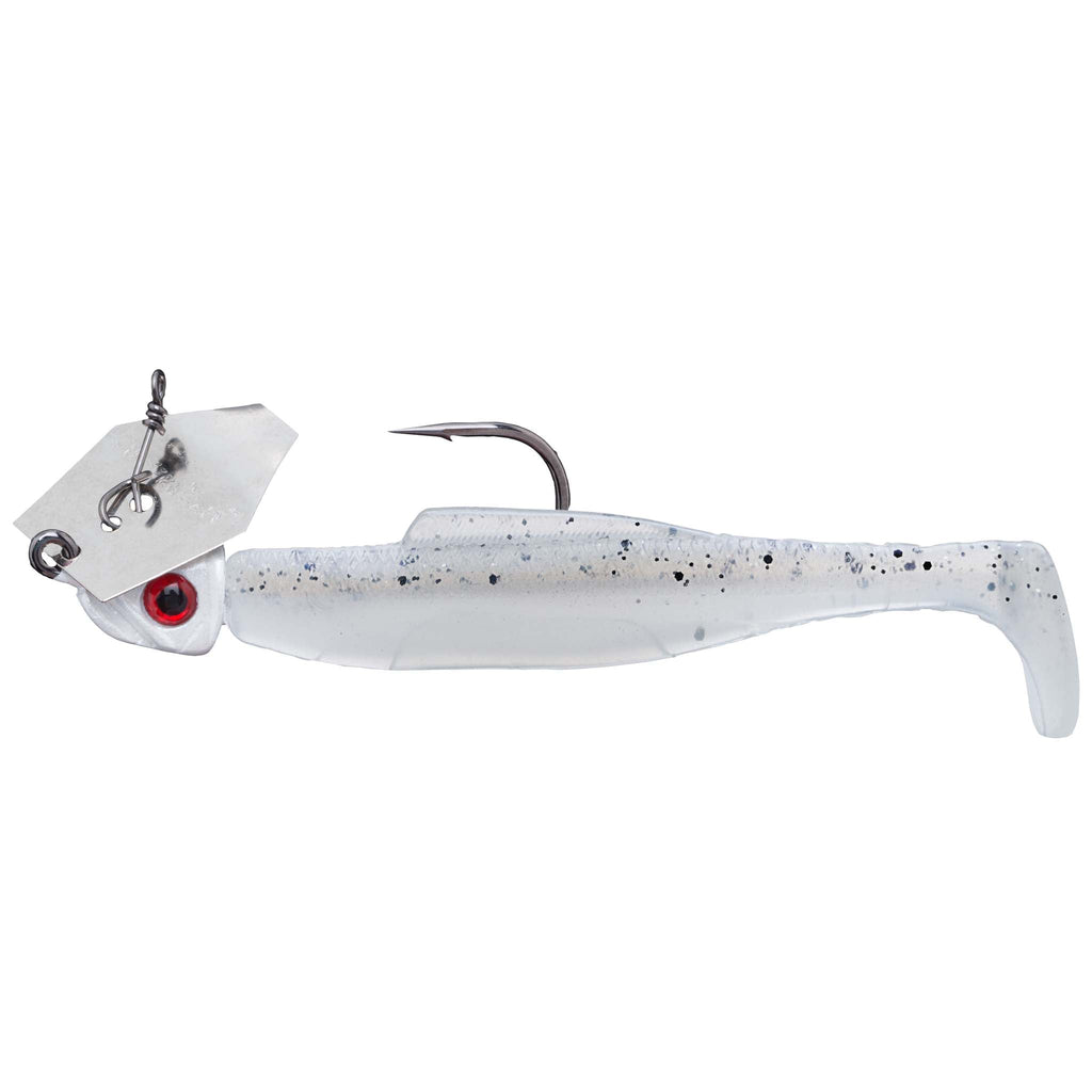 White soft-plastic chatterbait fishing lure with blue speckles and red eye