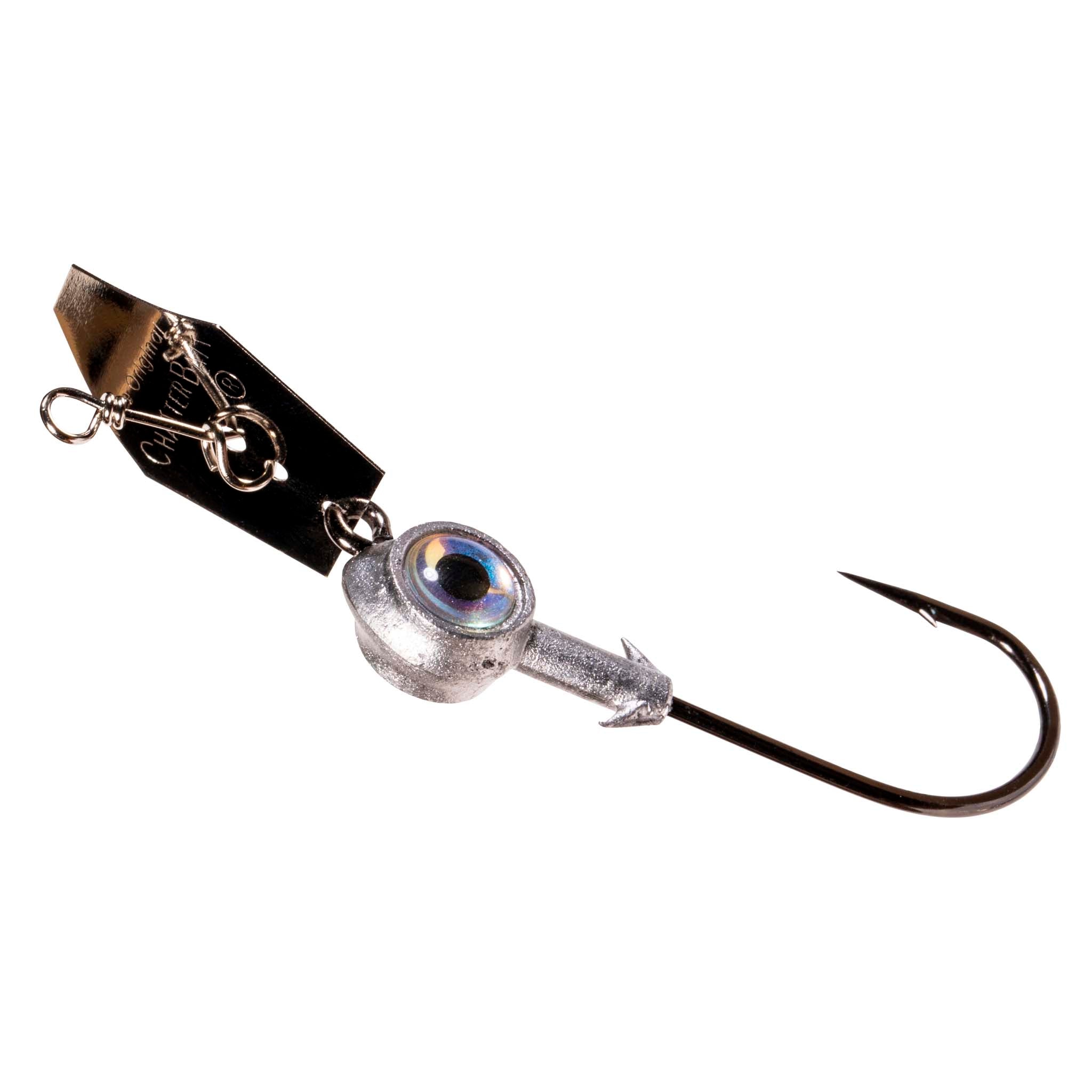 Eye Strike ChatterBait fishing lure with blue-eye head, silver blade, single treble hook