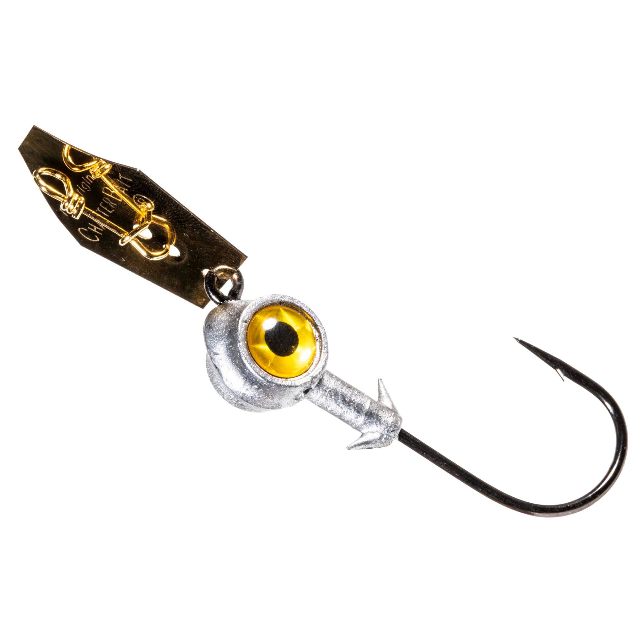 Eye Strike ChatterBait fishing lure with yellow-eye head, gold blade, single treble hook